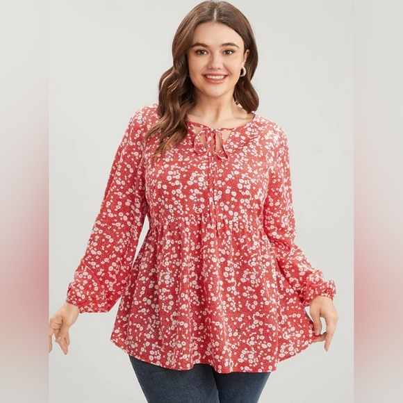 BloomChic Tops Floral Tie Neck Blouse Red Size 22243x Poshmark